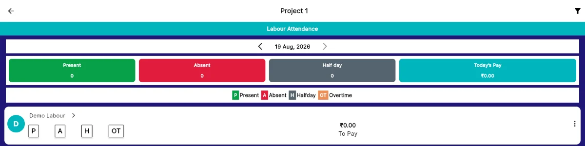 Labour Attendance: the date navigator, the day summary, the legend, and a row per person.