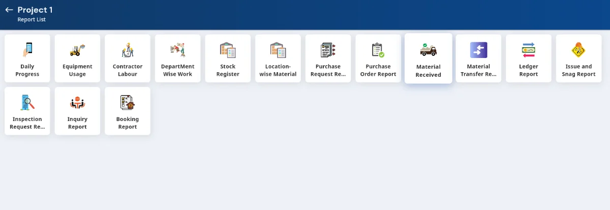 The Report List, with every report available on a project.