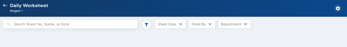 The Daily Worksheet list, with search and the Sheet Date, Filled By and Department filters.